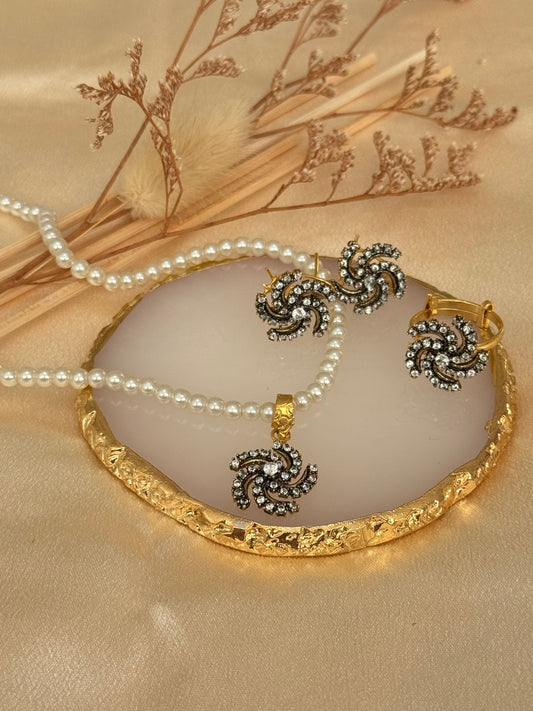 Floral Delicate American Diamond Gold Plated Locket Set