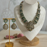 Traditional Ethnic Cultural Indian Cubic zirconia and Mossanite Necklace set | Emerald green and gold plated
