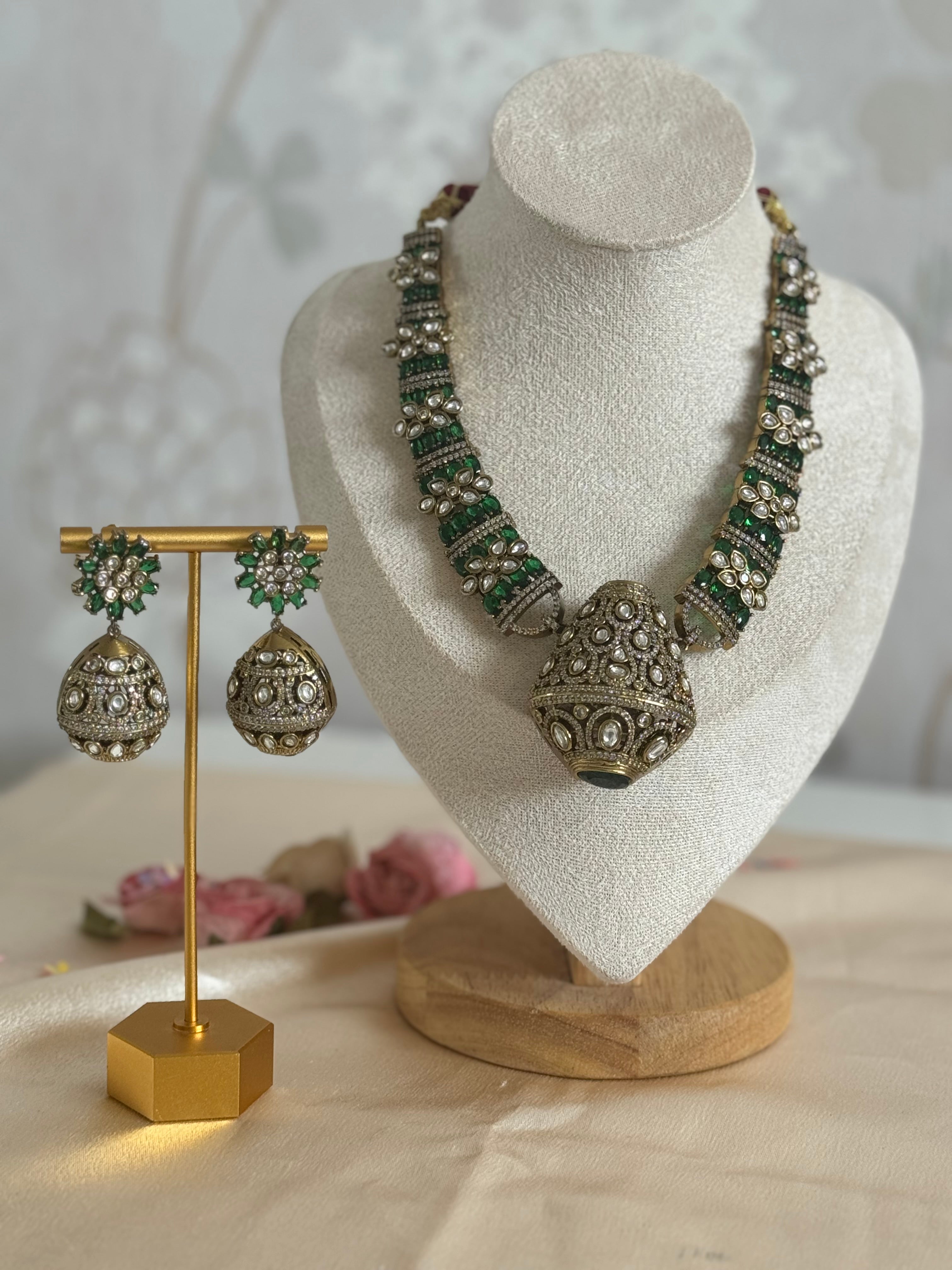 Traditional Ethnic Cultural Indian Cubic zirconia and Mossanite Necklace set | Emerald green and gold plated