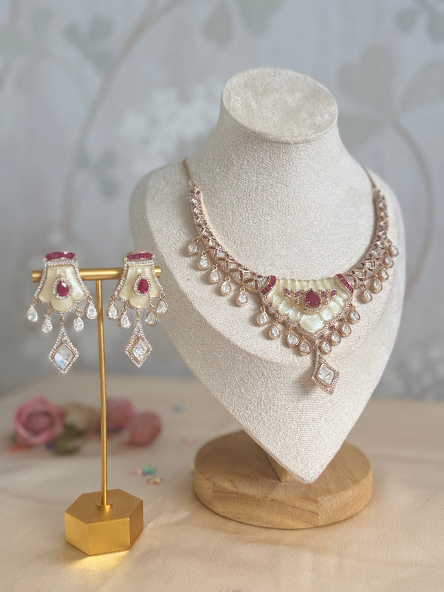 Mossainite Cubic Zirconia Necklace Set | Traditional South Asian Festive Necklace and earrings