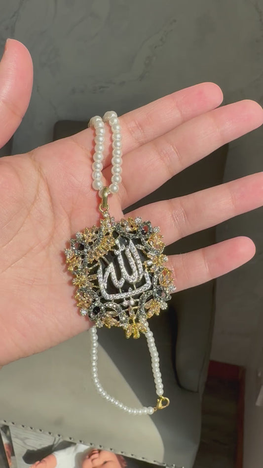 Islamic Calligraphy jewellery- Allah pearl maala in black color and cubic zirconia stones